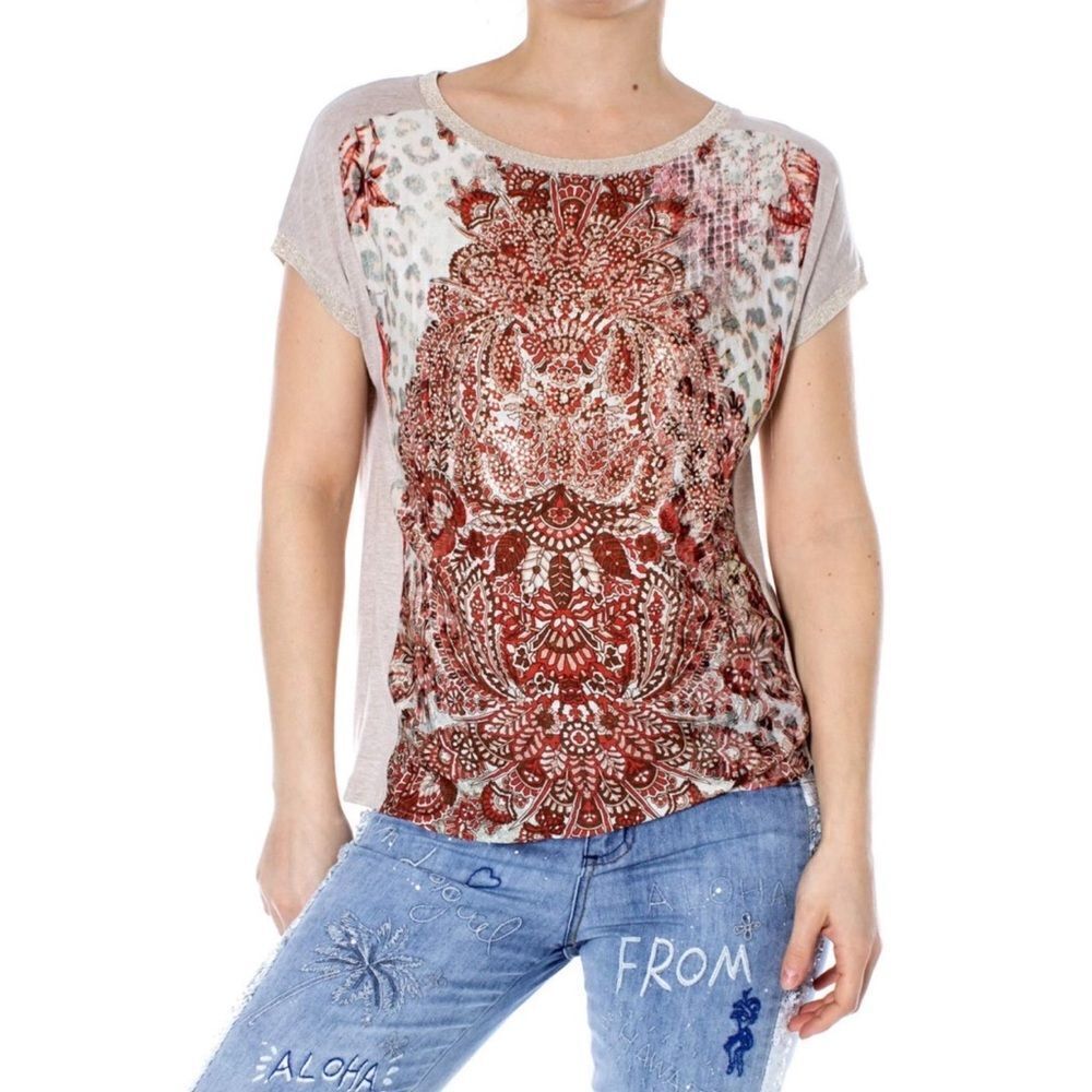 Desigual Mixed Media Short Sleeve Beaded Paisley Print T-shirt Size M